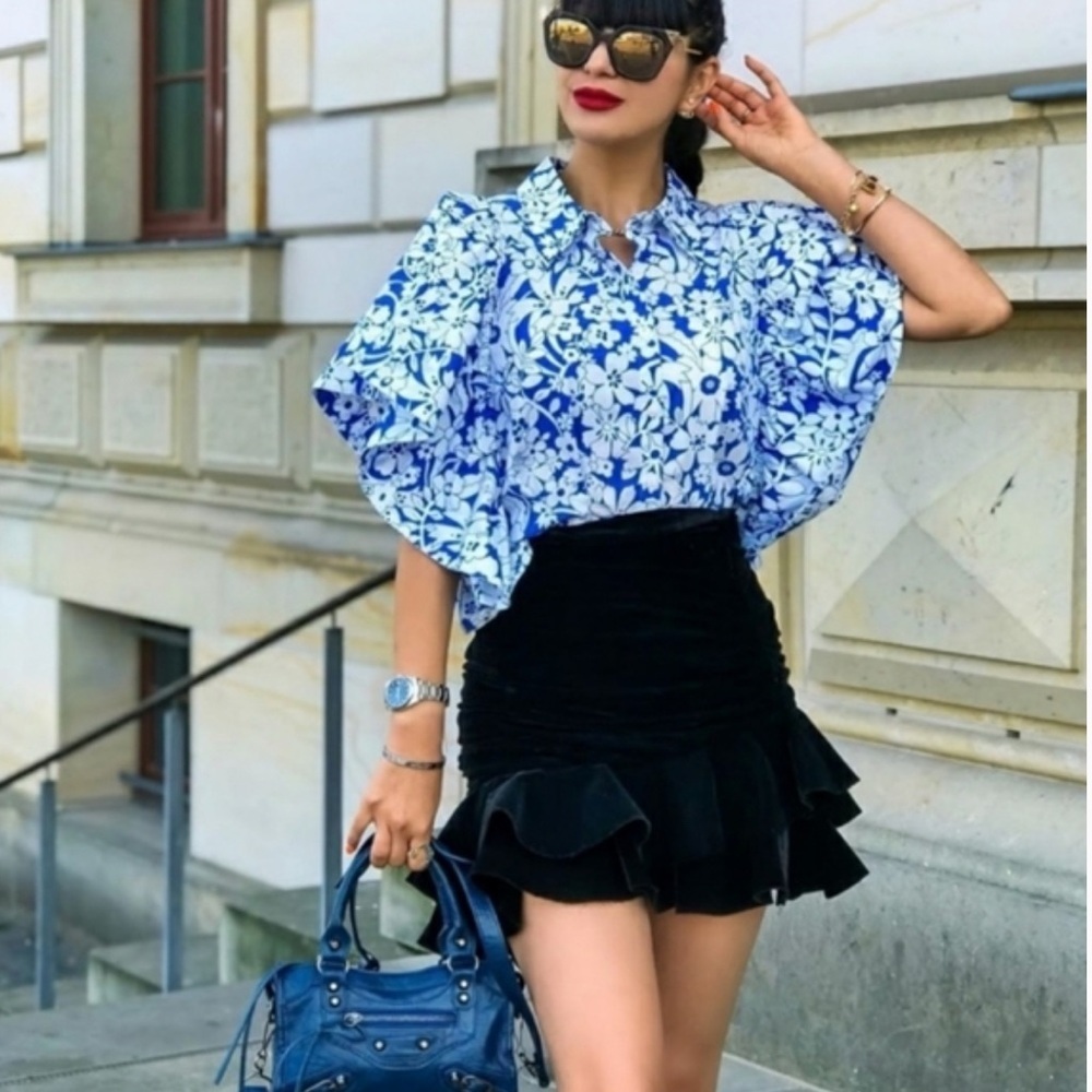 Zara Floral Printed Poplin Flutter Statement Sleeves Top Size xSmall - Picture 4 of 11